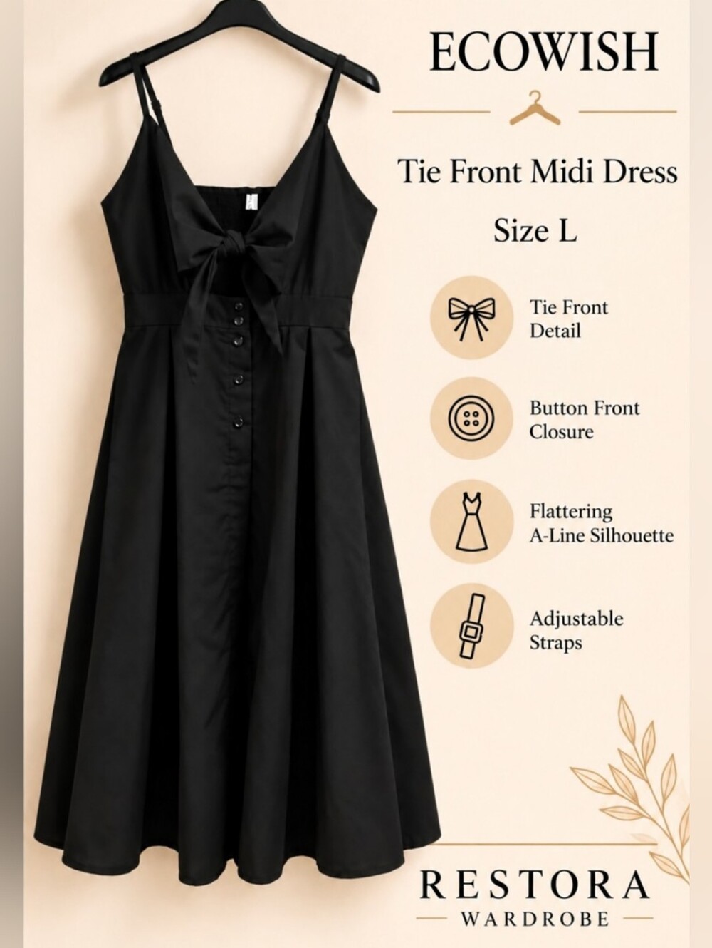 Women’s Black Midi Dress Tie Front Cutout Smocked Coquette Size L EcoWish